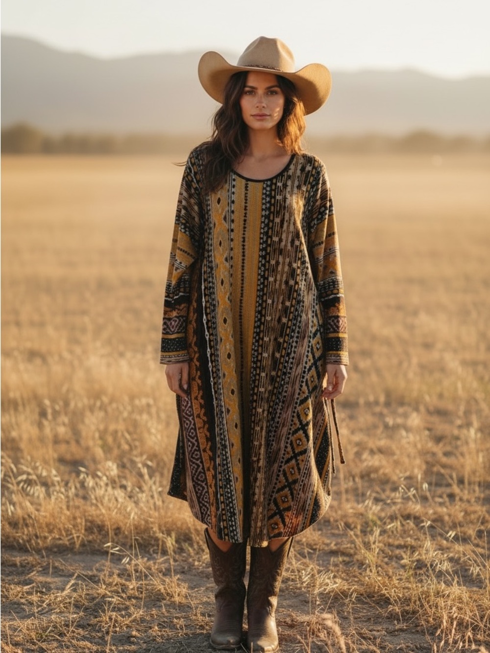 Zanzea Mustard Multi Boho Long Sleeve Maxi Dress